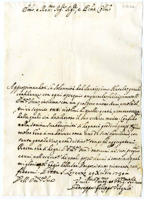 Lettera Di Giuseppe Filippo Virgulti Al Cardinale Annibale Albani 1730