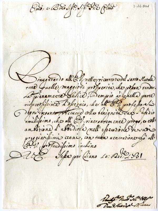 Lettera Di Domenico Antonio Vescovo Di Teano Al Cardinale Annibale