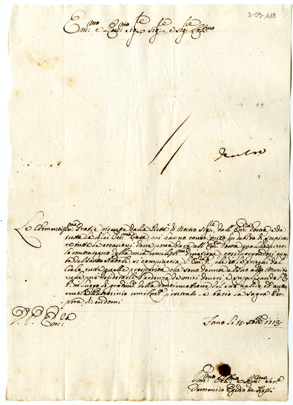 Lettera Di Domenico Egidio De Rossi Al Cardinale Annibale Albani 1713