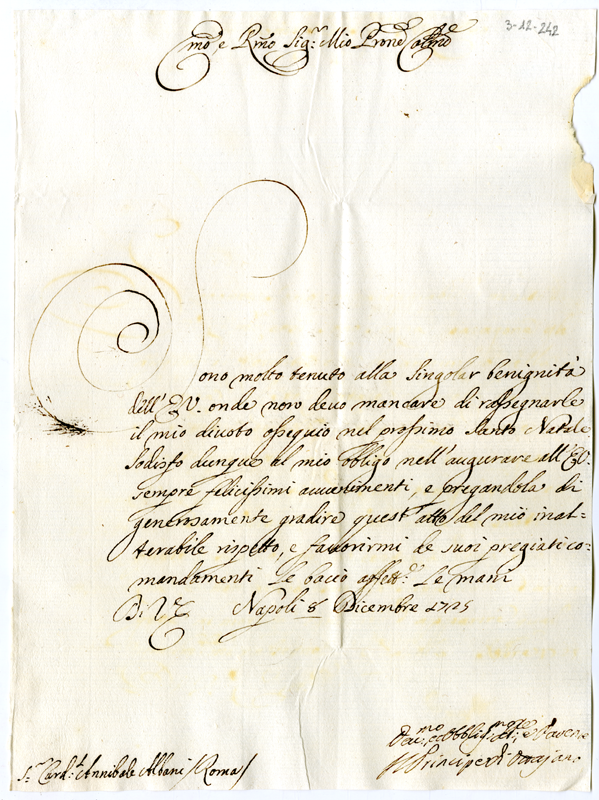 Lettera Del Principe Di Ottaviano Al Cardinale Annibale Albani