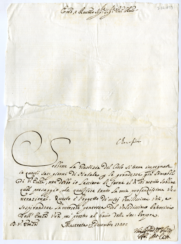 Lettera Di Sforza Antonio Costa Al Cardinale Annibale Albani