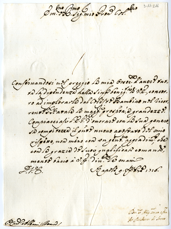 Lettera Della Duchessa Di Sarno Al Cardinale Annibale Albani 1716